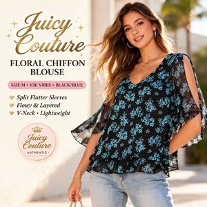 Juicy Couture Floral Chiffon Blouse Split Sleeve Layered Top M